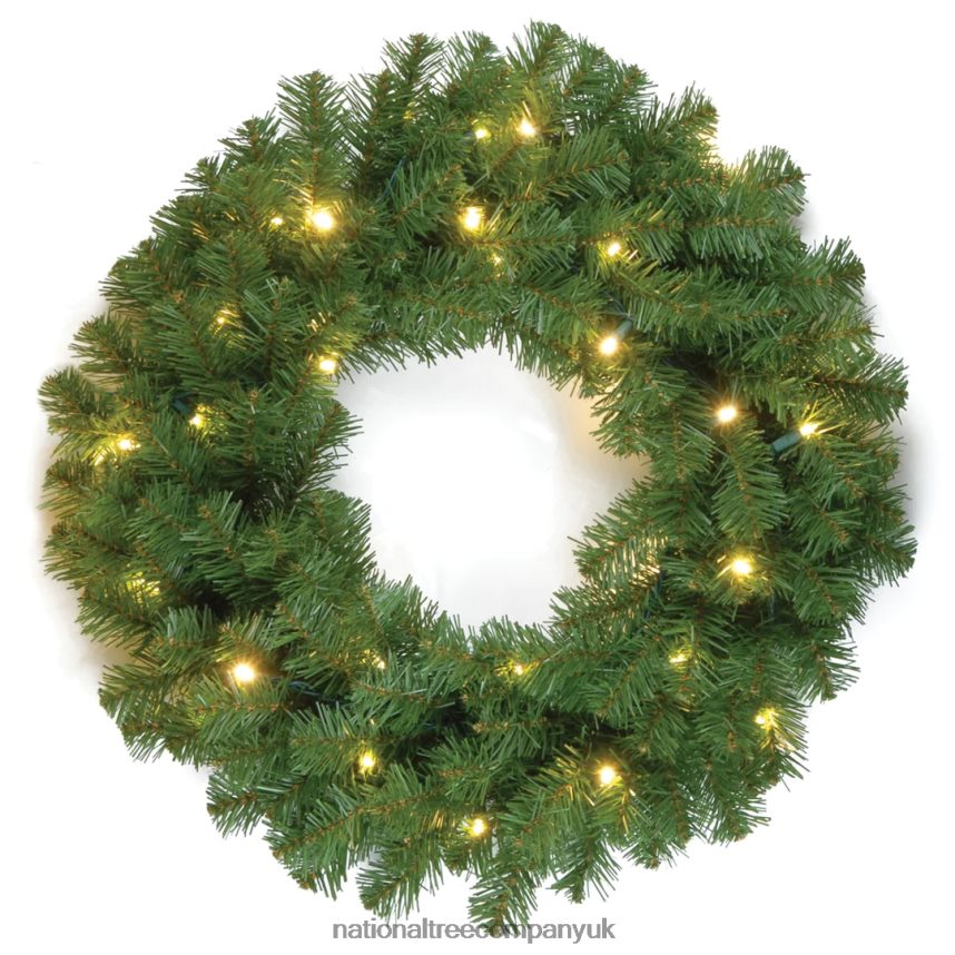 Greenery | National Tree Company Pre-Lit Artificial Christmas Wreath Green North Valley Spruce White Lights Christmas Collection 24 Inches F2L4F223